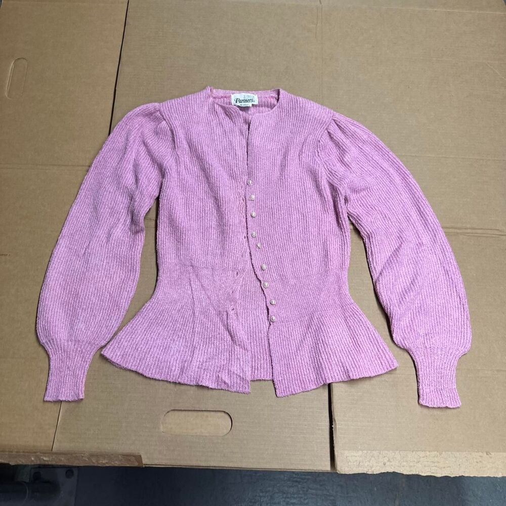 Vintage 80s Peplum Cardigan Sweater Pearl Buttons Puff Sleeve Pink S